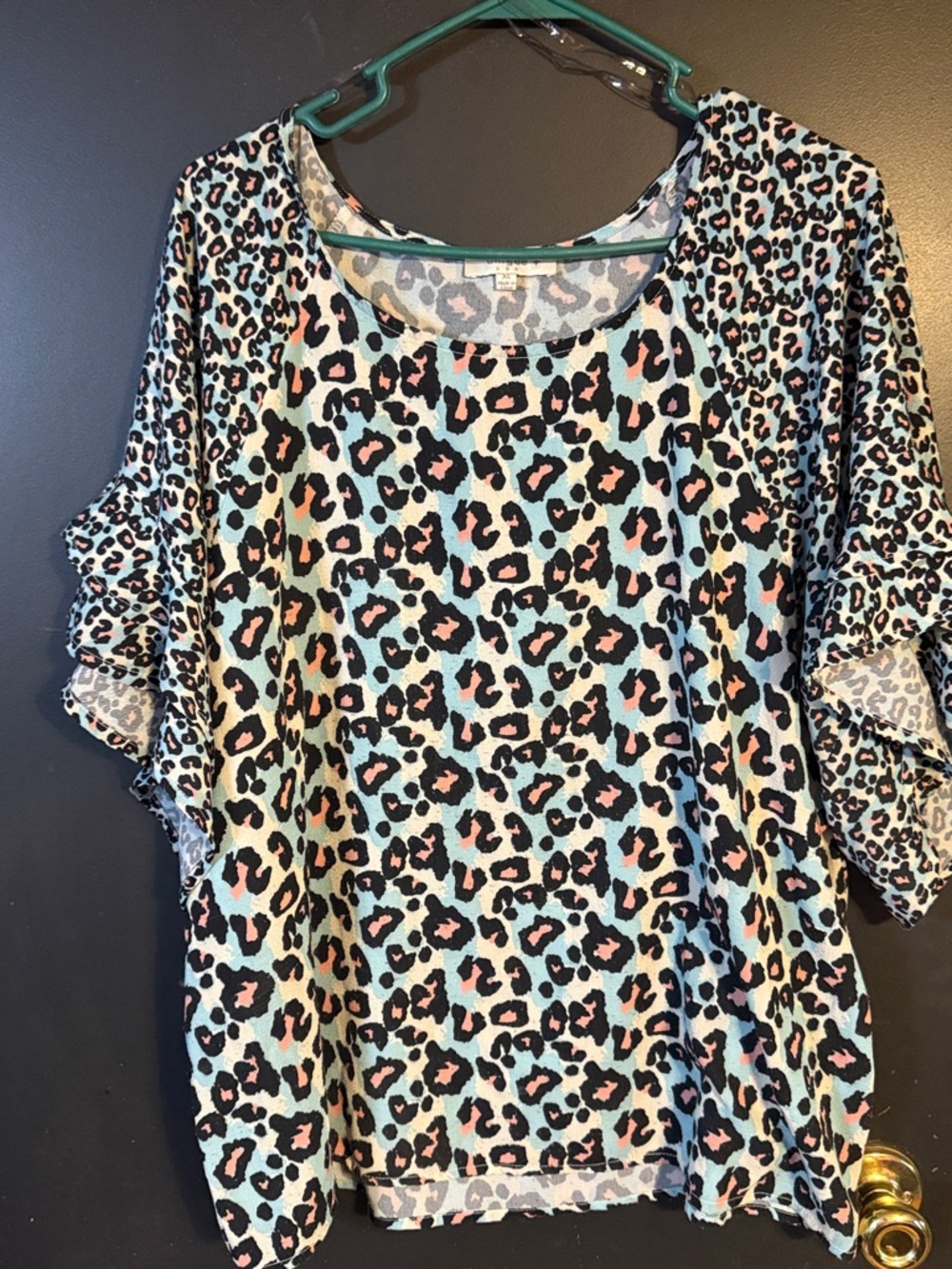 Umgee Mint Leopard Print Ruffle Sleeve Tunic with Coral Accents